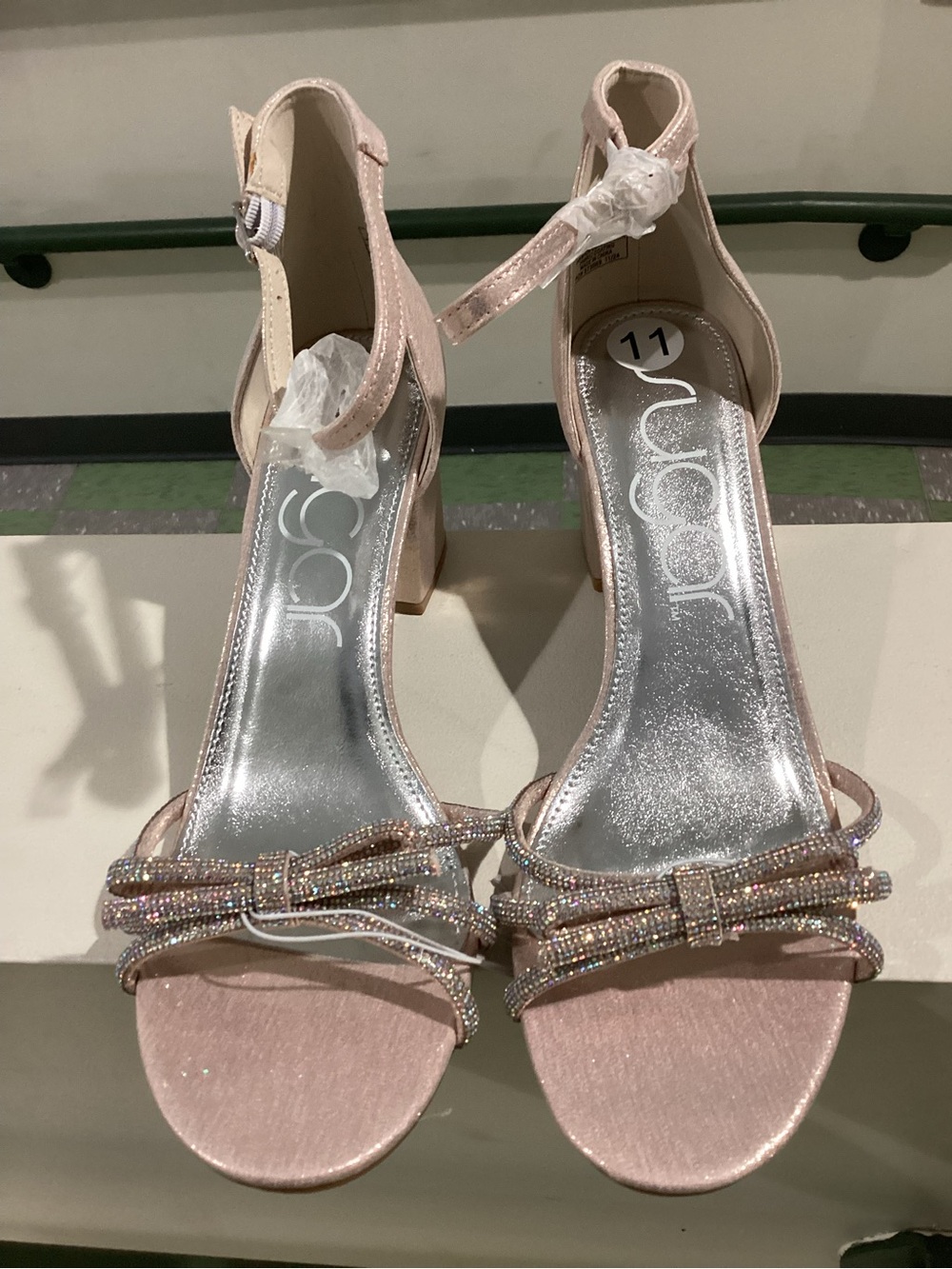 Sugar Blush Pink Crystal Bow Ankle-Strap Heels.Sz:11M